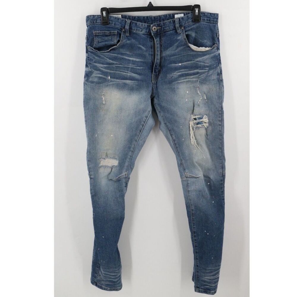 Smoke Rise Mens Paint Splatter Slim Fit Jeans Size 38 x 34 Distressed Blue